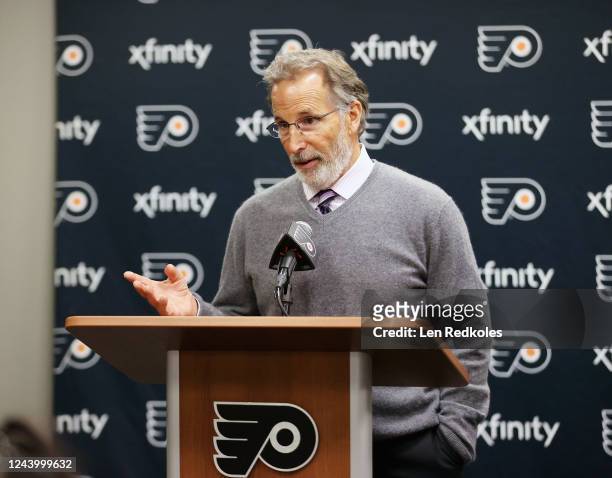 Head Coach of the Philadelphia Flyers John Tortorella speaks during a postgame press conference after defeating the Vancouver Canucks 3-2 at the...