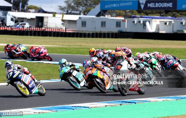 Moto3 riders take the circuit during the Australian Grand Prix Moto3 race at Phillip Island on October 16 ahead of the MotoGP Australian Grand Prix....