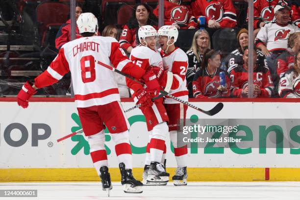 Jakub Vrana of the Detroit Red Wings celebrates with teammates after scoring a goal in the second period against the New Jersey Devils at the...