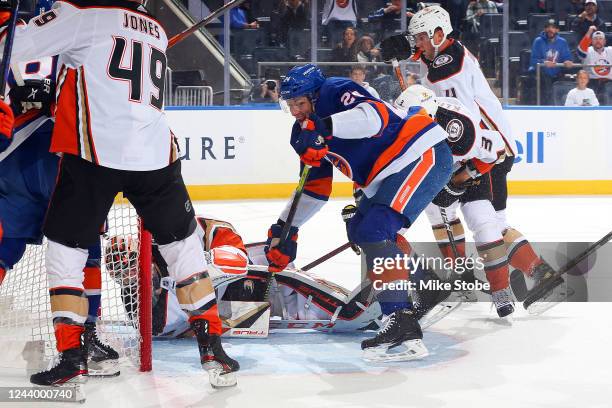 Scott Mayfield of the New York Islanders scores a goal past John Gibson of the Anaheim Ducks during the first period at UBS Arena on October 15, 2022...