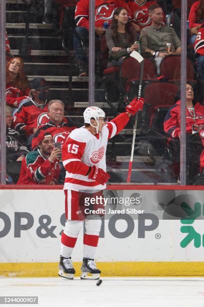 Jakub Vrana of the Detroit Red Wings celebrates scoring a goal in the second period against the New Jersey Devils at the Prudential Center on October...