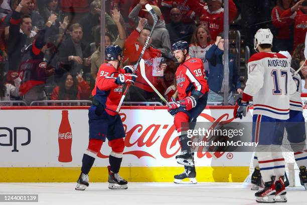 Anthony Mantha of the Washington Capitals celebrates a goal during a game against the Montreal Canadiens at Capital One Arena on October 15, 2022 in...