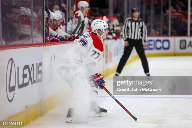 Kirby Dach of the Montreal Canadiens controls the puck during a game against the Washington Capitals at Capital One Arena on October 15, 2022 in...