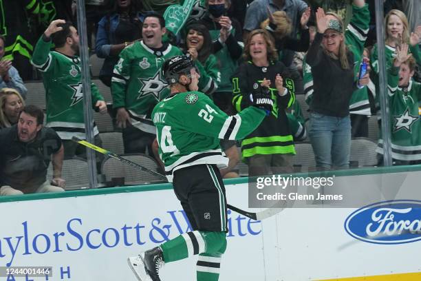 Roope Hintz of the Dallas Stars celebrates a goal against the Nashville Predators at the American Airlines Center on October 15, 2022 in Dallas,...
