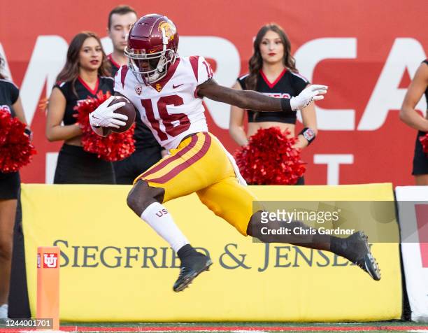 Tahj Washington of the USC Trojans is forced out of bounds during the first half of their game against the Utah Utes October 15, 2022 Rice-Eccles...