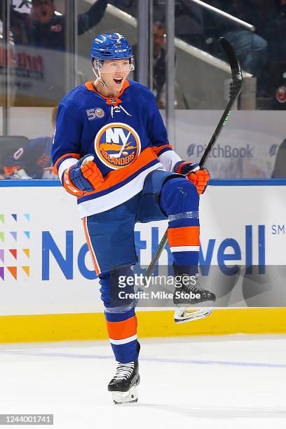 Robin Salo of the New York Islanders celebrates after scoring a goal against the Anaheim Ducks during the third period at UBS Arena on October 15,...
