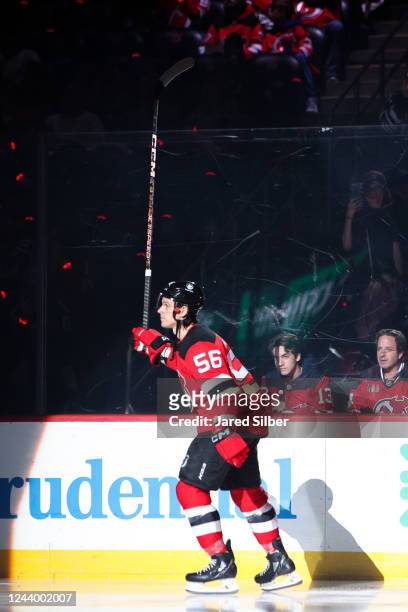 Erik Haula of the New Jersey Devils takes the ice during player introductions against the Detroit Red Wings at the Prudential Center during the home...