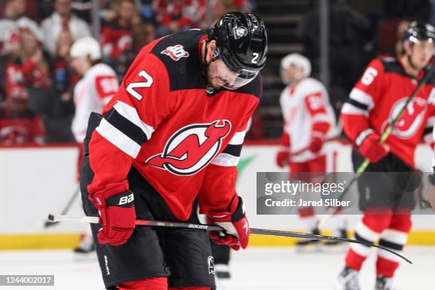 Brendan Smith of the New Jersey Devils looks on dejected after a 5-2 loss against the Detroit Red Wings at the Prudential Center during the home...