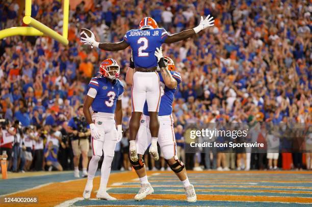 Florida Gators running back Montrell Johnson Jr. Celebrates a touchdown with teammates during the game between the LSU Tigers and the Florida Gators...