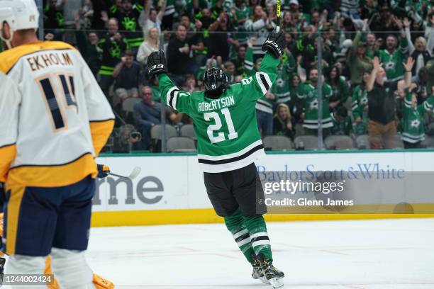 Jason Robertson of the Dallas Stars celebrates a goal against the Nashville Predators at the American Airlines Center on October 15, 2022 in Dallas,...
