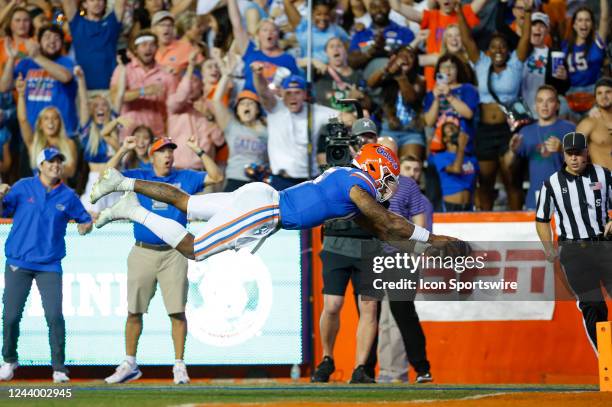 Florida Gators quarterback Anthony Richardson dives into the end zone for a touchdown during the game between the LSU Tigers and the Florida Gators...