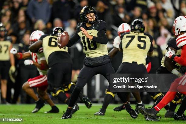 Purdue Boilermakers quarterback Aidan O'Connell throws downfield during the college football game between the Purdue Boilermakers and Nebraska...