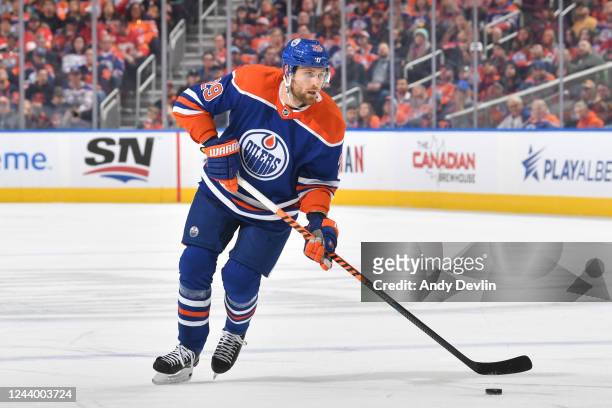 Leon Draisaitl of the Edmonton Oilers skates during the game against the Calgary Flames on October 15, 2022 at Rogers Place in Edmonton, Alberta,...