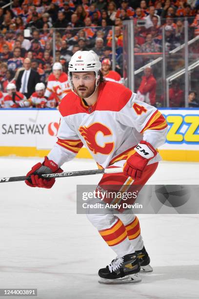 Rasmus Andersson of the Calgary Flames skates during the game against the Edmonton Oilers on October 15, 2022 at Rogers Place in Edmonton, Alberta,...
