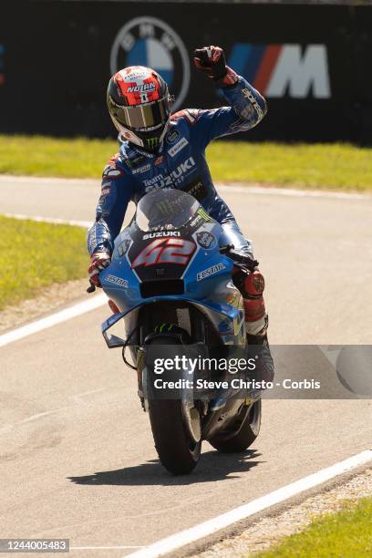 Alex Rins of Spain and Suzuki Ecstar thanks the crowd after winning the Australian Grand Prix during the MotoGP of Australia at Phillip Island Grand...