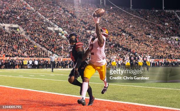 Brenden Rice of the USC Trojans cant hold onto a pass in the endzone while being guarded by JaTravis Broughton during the second half of their game...