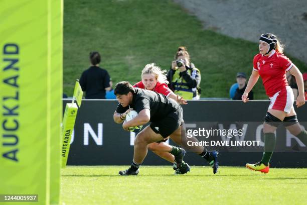 New Zealand's Krystal Murray scores a try during the New Zealand 2021 Women's Rugby World Cup Pool C match between New Zealand and Wales at Waitakere...