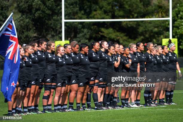 New Zealand players sing the national anthem during the New Zealand 2021 Women's Rugby World Cup Pool C match between New Zealand and Wales at...