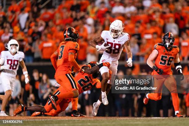 Wide receiver De'zhaun Stribling of the Washington State Cougars rushes the ball during the second half of the game against the Oregon State Beavers...