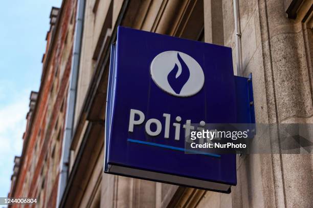Police sign is seen on a building in Brussels, Belgium on October 12, 2022.