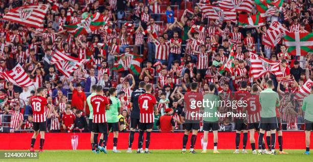 Players of Athletic Club with supporters during the La Liga match between Athletic Club and Atletico de Madrid at San Mames Stadium in Bilbao, Spain.
