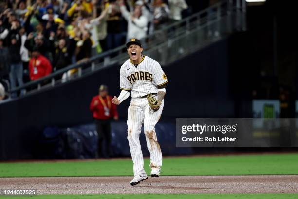 Manny Machado of the San Diego Padres celebrates after the Padres defeated the Los Angeles Dodgers at Petco Park on Saturday, October 15, 2022 in San...