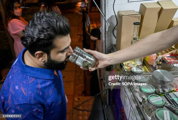 Customer smells the content of a jar of herb on Bangkoks Sukhumvit Rd, Soi 11, marihuana pop-up trucks sell legal marihuana. The Kingdom of Thailand...