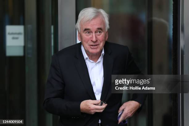 Labour MP and former shadow chancellor of the exchequer John McDonnell leaving BBC Broadcasting House on October 16, 2022 in London, England.