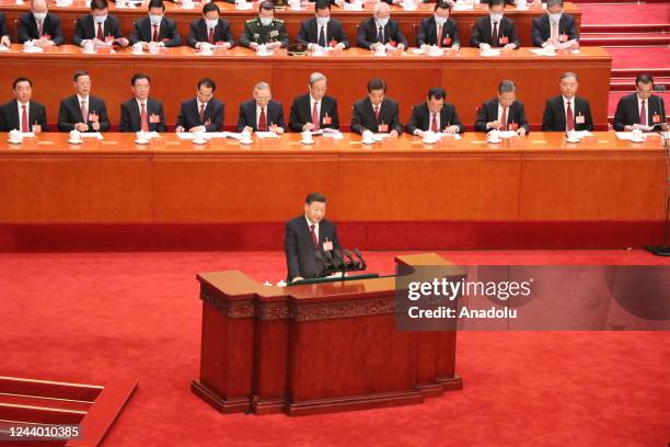 Chinese President and Secretary General Xi Jinping speaks during the 20th National Congress of the Communist Party at the Great Hall of the People in...