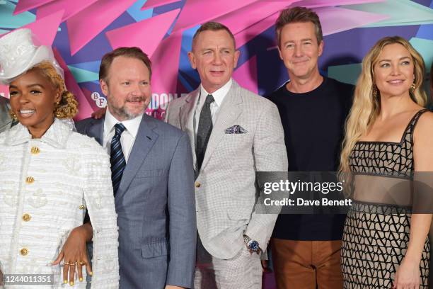 Janelle Monae, Rian Johnson, Daniel Craig, Edward Norton and Kate Hudson attend the official photo call and press conference for "Glass Onion: A...