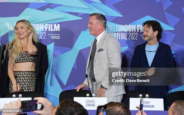Kate Hudson, Daniel Craig and Ram Bergman attend the official photo call and press conference for "Glass Onion: A Knives Out Mystery" during the BFI...