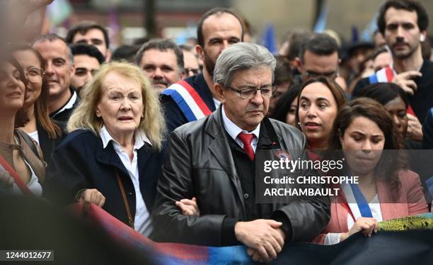 Nobel Literature Prize laureate French novelist Annie Ernaux and Founder of La France Insoumise and member of left-wing coalition NUPES Jean-Luc...