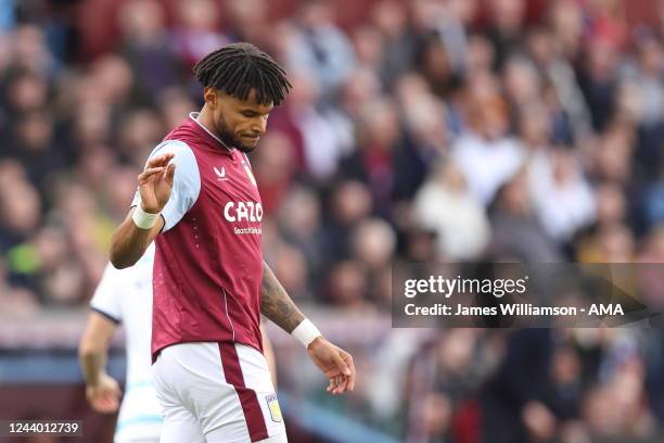 Tyrone Mings of Aston Villa reacts after his mistake allows Mason Mount of Chelsea score a goal to make it 0-1 during the Premier League match...