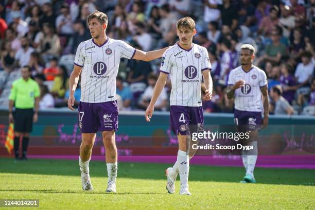 Stijn SPIERINGS of Toulouse FC and Anthony ROUAULT of Toulouse FC during the Ligue 1 Uber Eats match between Toulouse FC and Angers SCO at Stadium...