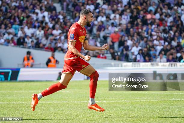 Nabil BENTALEB of SCO Angers celebrates his goal during the Ligue 1 Uber Eats match between Toulouse FC and Angers SCO at Stadium Municipal on...