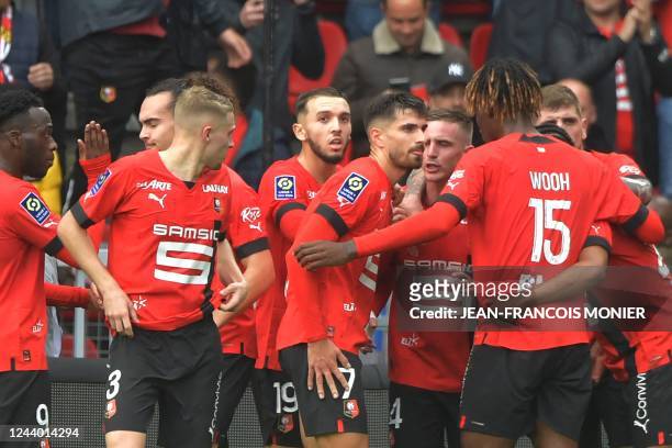 Rennes' French forward Martin Terrier celebrates scoring his team's first goal during the French L1 football match between Stade Rennais FC and...