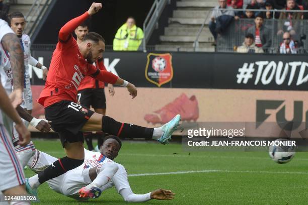 Rennes' French forward Amine Gouiri scores his team's second goal during the French L1 football match between Stade Rennais FC and Olympique Lyonnais...
