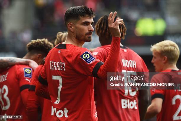 Rennes' French forward Martin Terrier celebrates scoring his team's third goal during the French L1 football match between Stade Rennais FC and...