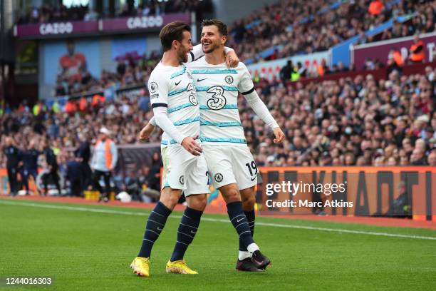 Mason Mount of Chelsea celebrates scoring his 2nd goal with Ben Chilwell during the Premier League match between Aston Villa and Chelsea FC at Villa...