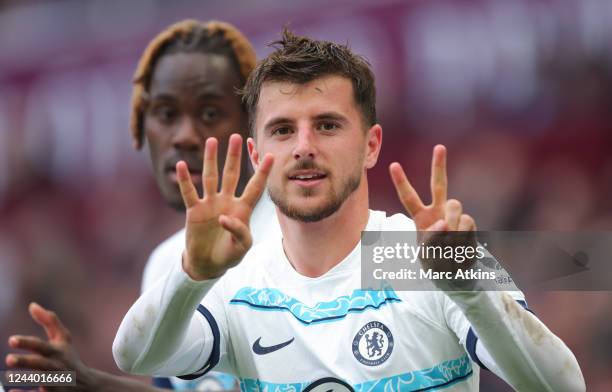 Mason Mount of Chelsea celebrates scoring his 2nd goal during the Premier League match between Aston Villa and Chelsea FC at Villa Park on October...