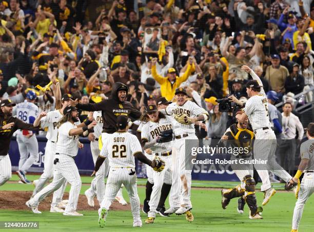 San Diego, CA, Saturday, October 15, 2022 - The San Diego Padres celebrate defeating the Los Angeles Dodgers 5-3 in game 4 of the League Division...