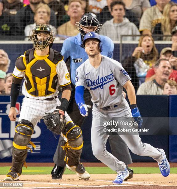 San Diego, CA, Saturday, October 15, 2022 - TLos Angeles Dodgers shortstop Trea Turner watches the ball after hitting a fly ball to San Diego Padres...