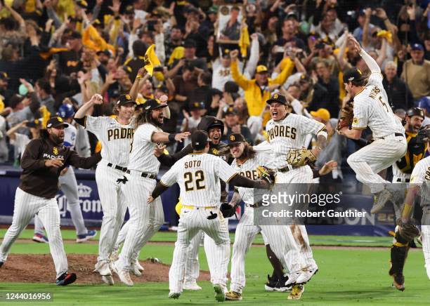San Diego, CA, Saturday, October 15, 2022 - The San Diego Padres celebrate defeating the Los Angeles Dodgers 5-3 in game 4 of the League Division...