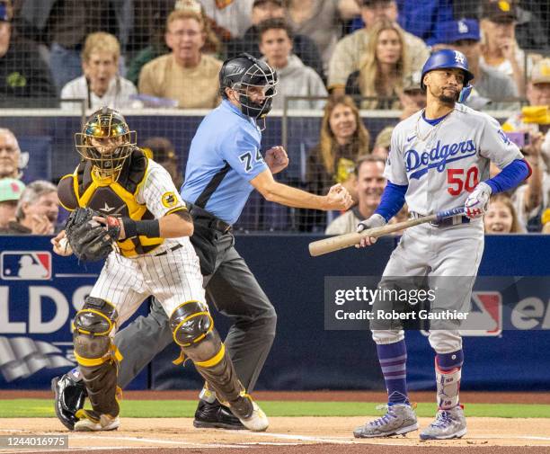 San Diego, CA, Saturday, October 15, 2022 - Los Angeles Dodgers right fielder Mookie Betts strikes out to lead off the first inning. The LA Dodgers...