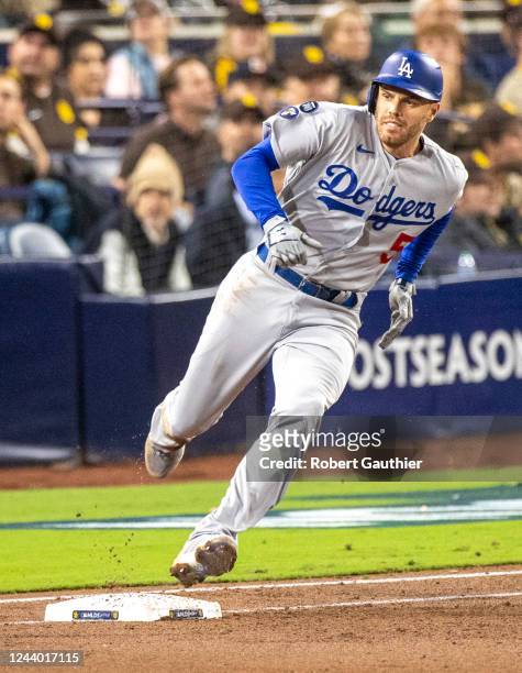 San Diego, CA, Saturday, October 15, 2022 - Los Angeles Dodgers first baseman Freddie Freeman hits a two rbi double in the 3rd inning. The LA Dodgers...