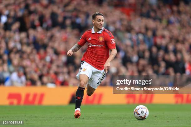Antony of Manchester United in action during the Premier League match between Manchester United and Newcastle United at Old Trafford on October 16,...
