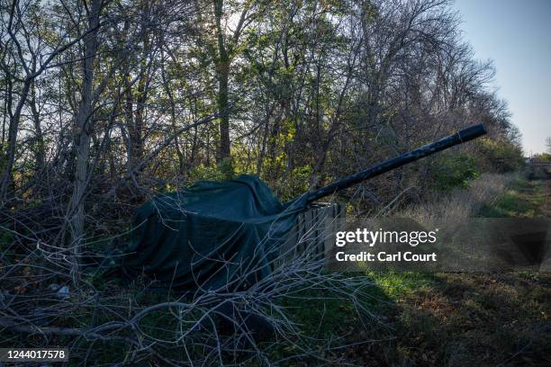 Fake anti-aircraft gun is pictured on October 16, 2022 near Staryi Saltiv, Kharkiv oblast, Ukraine. US and allied security officials stated today...