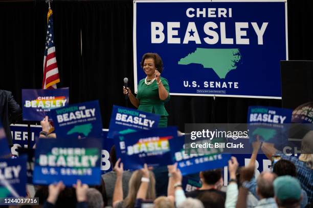 Senate candidate Cheri Beasley speaks during her campaign rally with Sen. Cory Booker, D-N.J., at Harding University High School on Saturday, October...