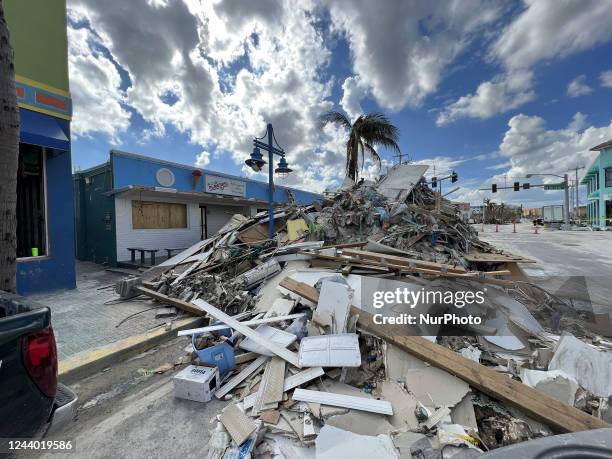 Recovery efforts are underway Saturday, October 15, 2022 on Fort Myers Beach, Florida. Hurricane Ian made landfall on Sept. 28, 2022. Fort Myers...