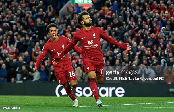 Mohamed Salah of Liverpool celebrates scoring during the Premier League match between Liverpool FC and Manchester City at Anfield on October 15, 2022...